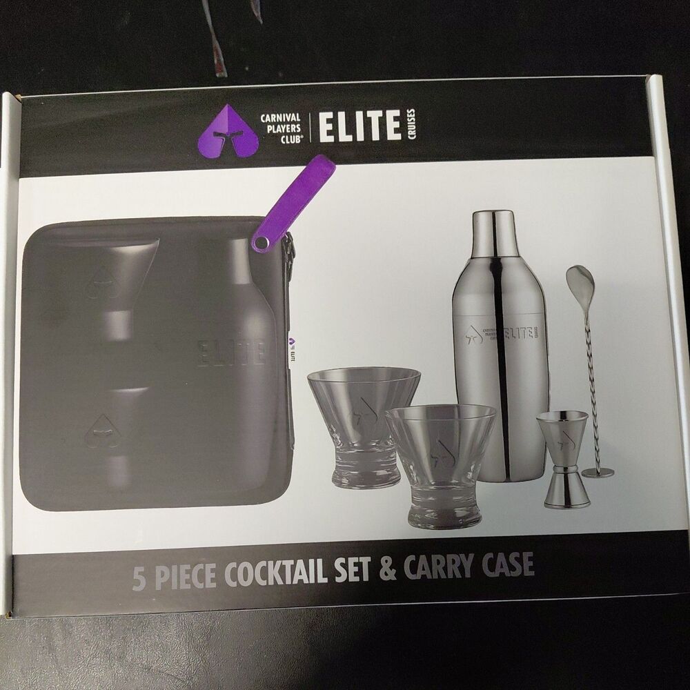 NEW Carnival Cruise Elite Casino Players Club 5 Piece Cocktail Set & Carry Case